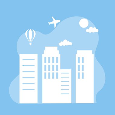 Şehir manzaralı uçak balonu gökyüzü silueti mavi arka plan