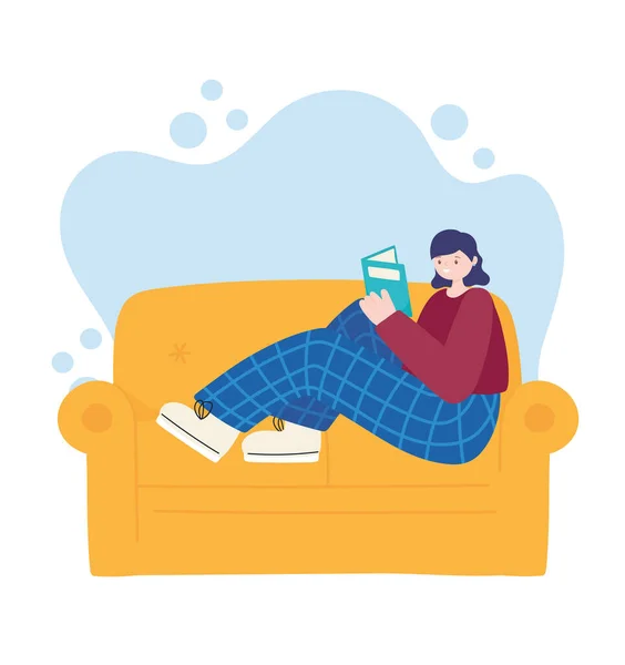 people activities, young woman sitting on sofa reading book