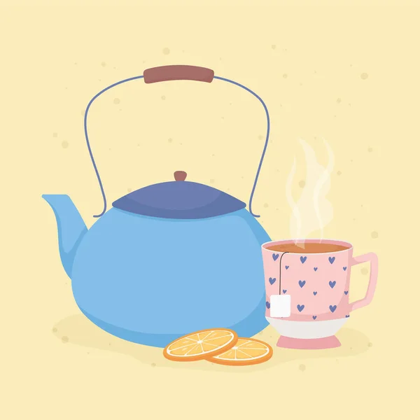 Hora del café y té, tetera y naranja fresca en rodajas — Vector de stock