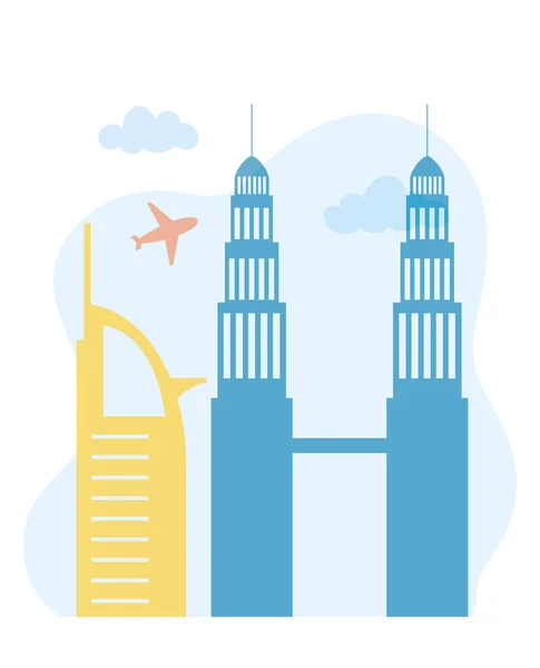 Petronas torres gemelas skyline avión ciudad urbana escena — Vector de stock