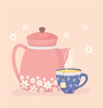 Kahve zamanı ve çay, çaydanlık ve fincan aroması taze çiçek süslemesi.