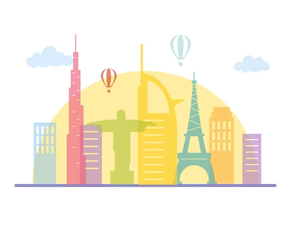 Światowej sławy pomniki powietrze balony panorama architektura miejska miasto — Wektor stockowy