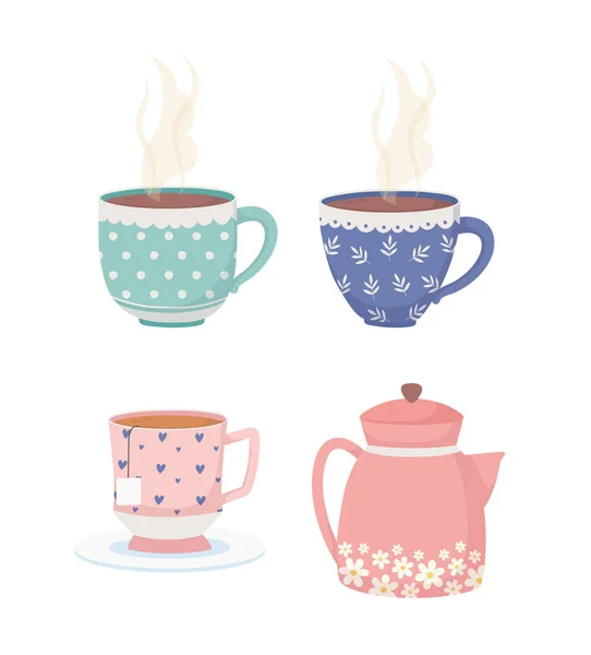 Kaffeezeit und Tee, dekorative Tassen und Teekannen-Ikonen — Stockvektor
