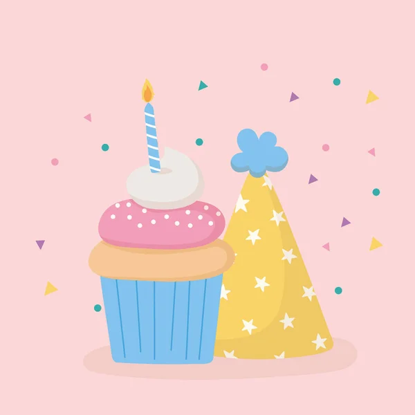 Gefeliciteerd, feestmuts zoet cupcake met kaarsfeest — Stockvector