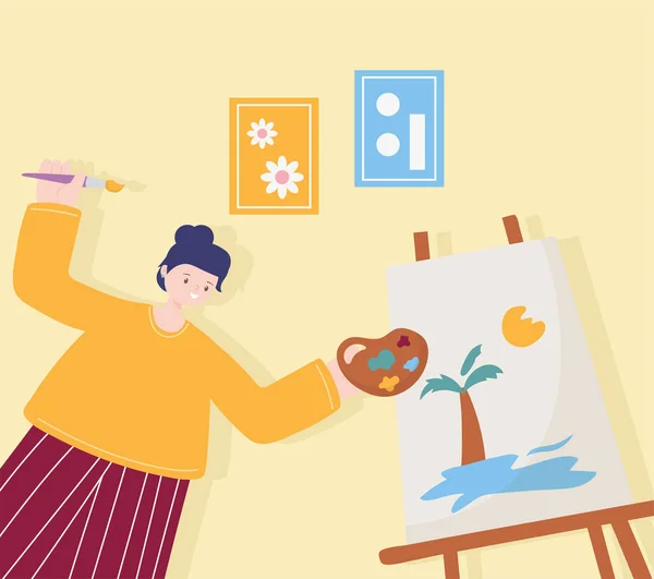 Actividades de la gente, mujer artista dibujo sobre lienzo celebración de color paleta — Vector de stock