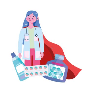 Teşekkürler doktorlar, kahraman pelerinli kadın doktor ve ilaç hapları kapsülü.