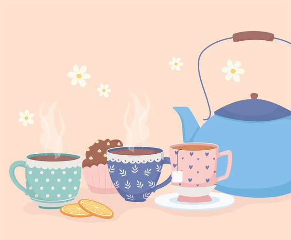 Kaffe tid och te, blå vattenkoppar och söt cupcake dessert — Stock vektor