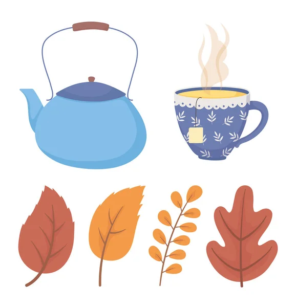 Café et thé, théière bleue et tasse avec des icônes feuilles — Image vectorielle