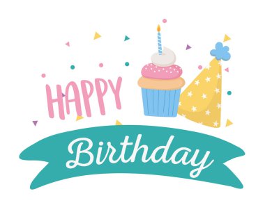 Mutlu yıllar, parti şapkası ve mum konfetili kek kutlaması