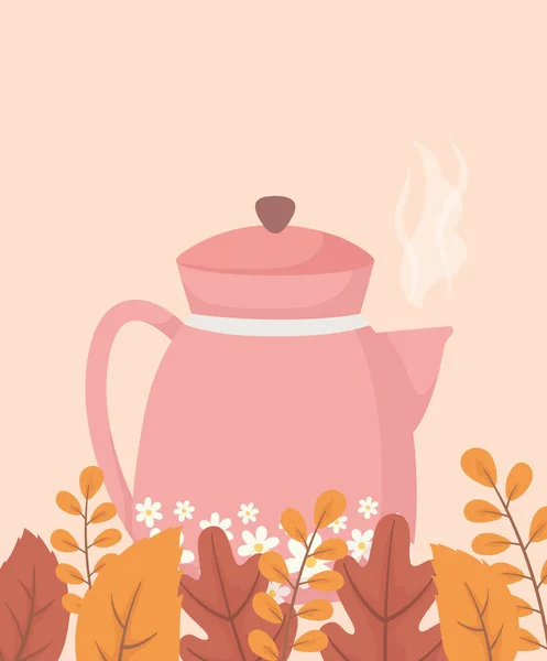 Hora do café e chá, chaleira rosa com flores e temporada —  Vetores de Stock