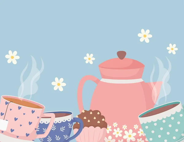 咖啡时间和茶，茶壶杯杯蛋糕与花卉装饰 — 图库矢量图片