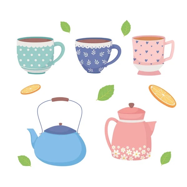 Koffietijd en thee kopjes ketels en bladeren pictogrammen — Stockvector