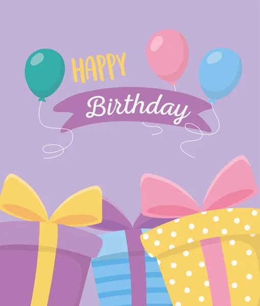 Joyeux anniversaire, boîtes-cadeaux et ballons décoration carte de célébration — Image vectorielle