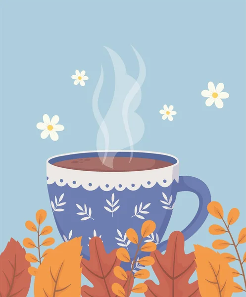 Hora do café e chá, xícara de café com decoração de flores — Vetor de Stock