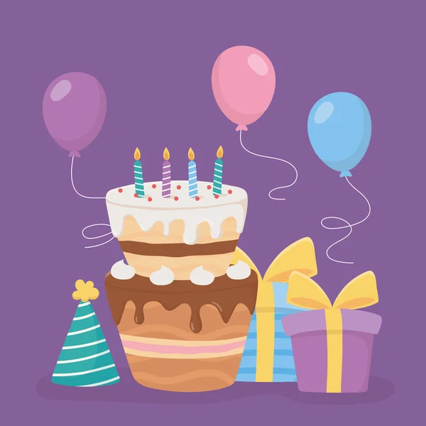 Všechno nejlepší, dort svíčky dárky klobouk a balónky dekorace oslavy — Stockový vektor