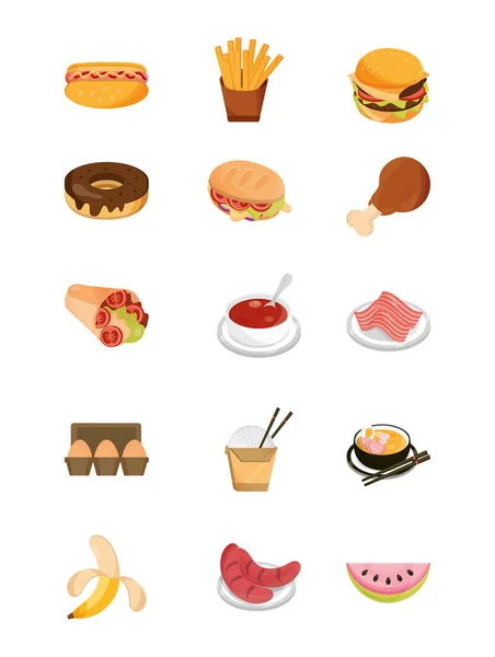 Menú de comida restaurante snack ingrediente estilo plano iconos conjunto — Vector de stock