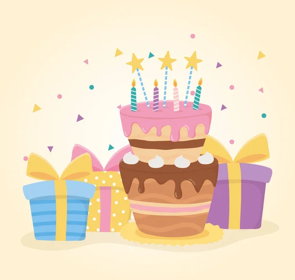 Gefeliciteerd, taart kaarsen sterren en geschenkdozen verrassing viering — Stockvector