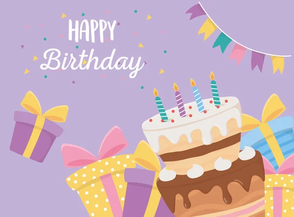 Feliz cumpleaños, velas de pastel cajas de regalo y banderines confeti celebración — Archivo Imágenes Vectoriales