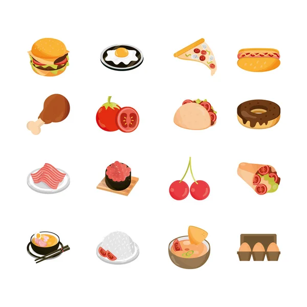 Menú de comida restaurante snack ingrediente estilo plano iconos conjunto — Vector de stock