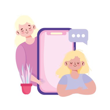 İnsanlar iletişim ve teknoloji, akıllı telefon sohbet balonu olan kızlar.