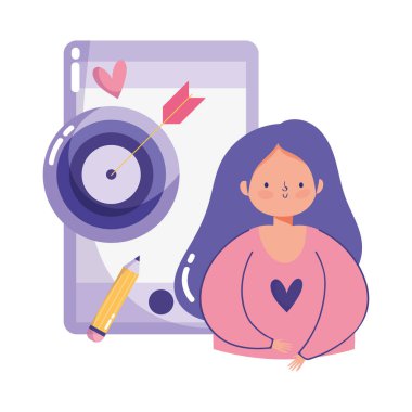 insanlar yaratıcılık teknolojisi, kız akıllı telefon kalem hedef çözeltisi çizgi filmi