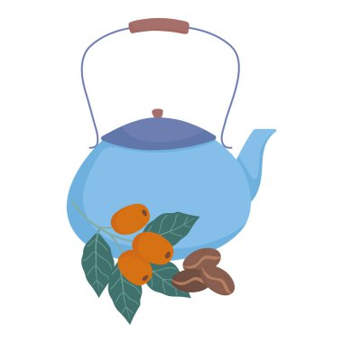 Kahve zamanı, mavi çaydanlık tohumu ve taze meyve aromalı içecek.