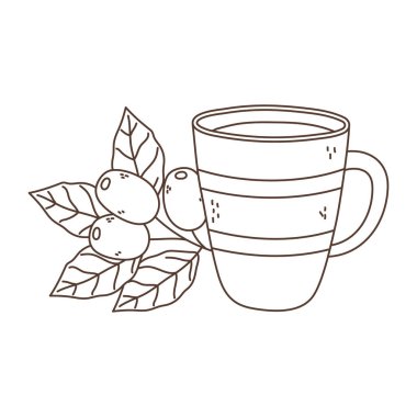 Kahve zamanı, kahve fincanı ve dal tohumları aroması izole edilmiş ikon beyaz arka plan dizaynı