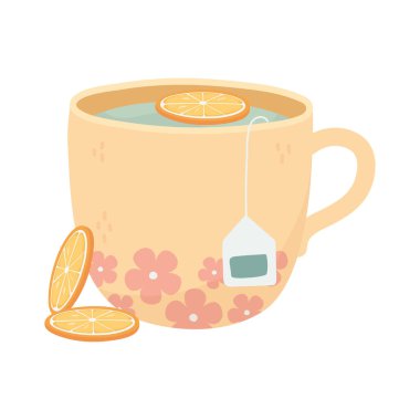 Çay zamanı, portakal dilimli çay ve çay poşeti taze içecek.