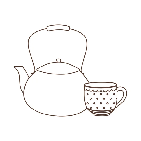 Café temps, tasse et bouilloire arôme frais boisson conception linéaire — Image vectorielle