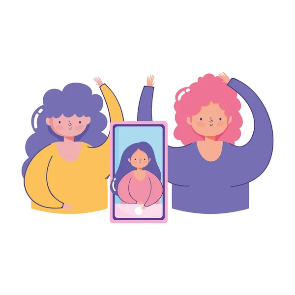 Personnes créativité et technologie, les filles parlent connexion smartphone — Image vectorielle