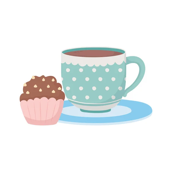 Café et thé, tasse et décoration de cupcake sucré — Image vectorielle