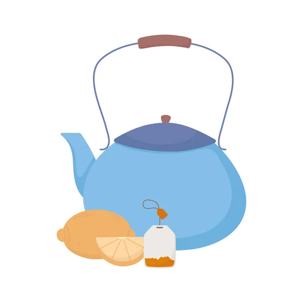 Tea time, teapot whole and half lemon teabag design — Stock Vector