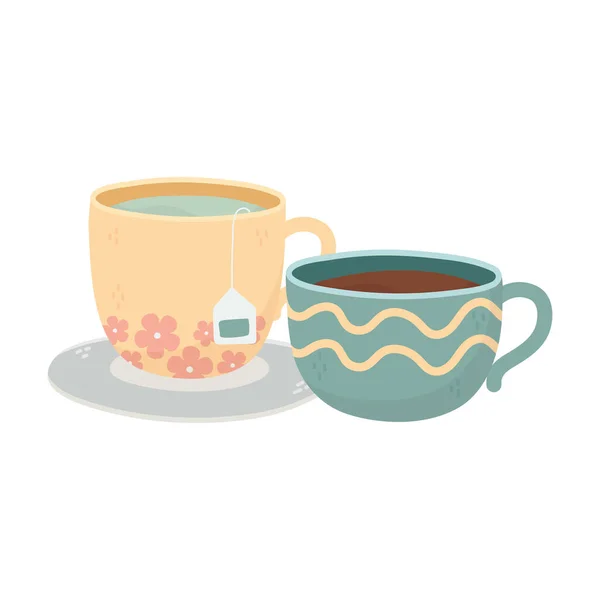 Hora del café, tazas de café té té bebida fresca — Vector de stock