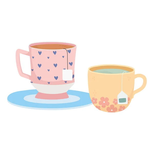 Hora del té, tazas con bolsitas de té bebidas diseño herbal — Vector de stock