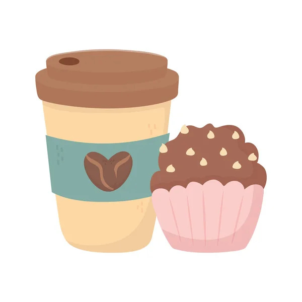Caffè tempo, tazza usa e getta e dolce bevanda aroma fresco cupcake — Vettoriale Stock