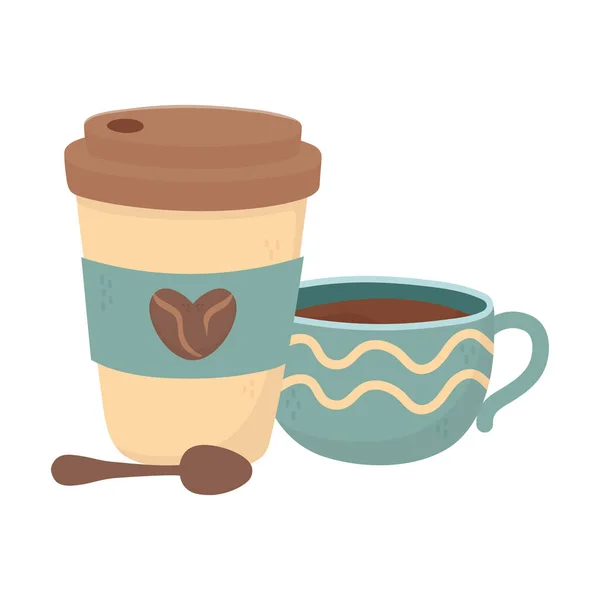 Coffee time, takeaway cups coffee spoon fresh beverage — Stock Vector