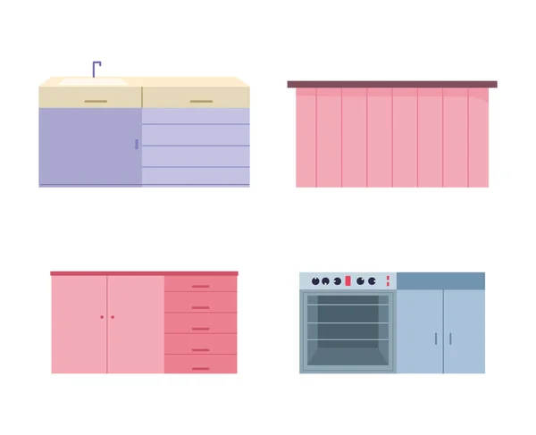 キッチンインテリア家具ストーブシンク食器棚のデザインアイコン — ストックベクタ