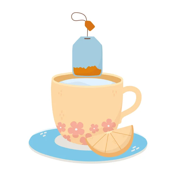 Чай время, чашка чая с пакетиком ломтик лимона на блюдце — стоковый вектор