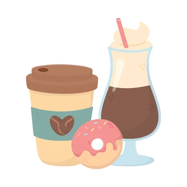 Kaffe tid, take away kopp latte och munk färsk doft dryck — Stock vektor