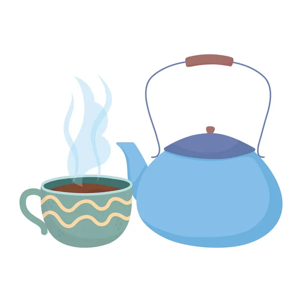 Кофе время, чашки и чайник свежий аромат напитка — стоковый вектор