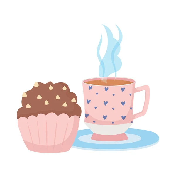 Theetijd, kopje en zoete cupcake in schotel ontwerp — Stockvector