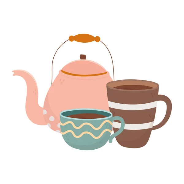 Temps de café, bouilloire et tasses porcelaine boisson aromatique fraîche — Image vectorielle