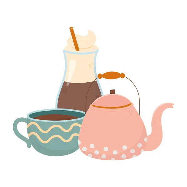咖啡时间，杯子，奶昔和水壶新鲜香味饮料 — 图库矢量图片