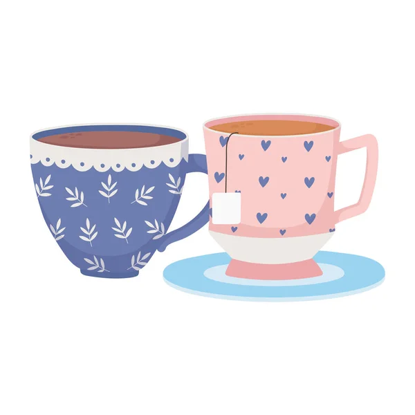 Hora del café, tazas de café té té bebida fresca — Vector de stock