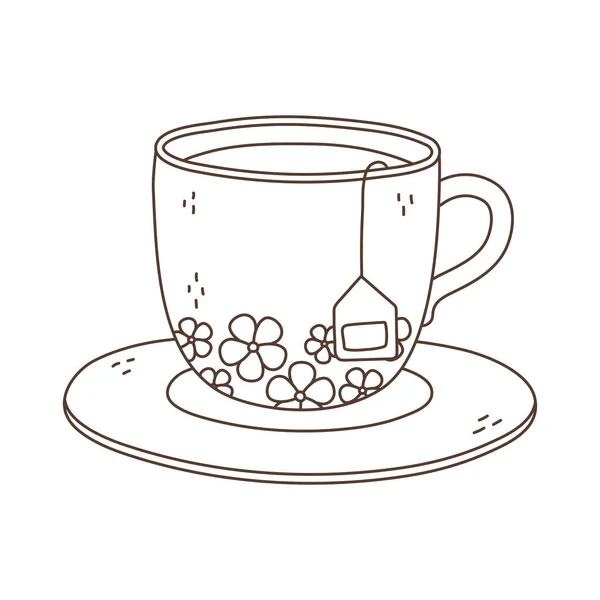 Taza de té con bolsa de té en la bebida de plato icono aislado fondo blanco diseño lineal — Vector de stock