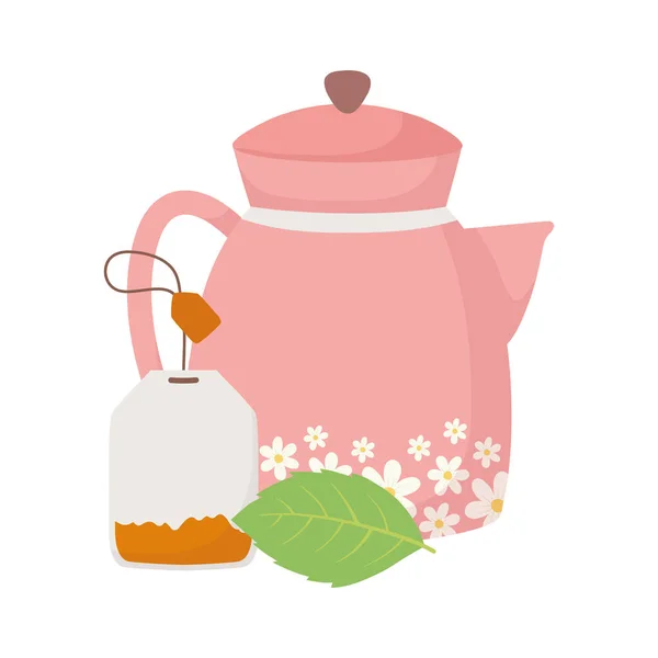 Hora del té, hervidor de agua con flores y té bolsa hierba bebida — Archivo Imágenes Vectoriales