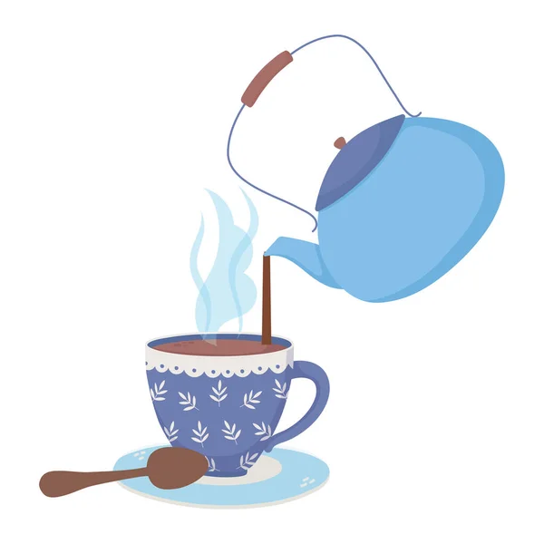 Caffè tempo, bollitore versando in tazza cucchiaio bevanda fresca — Vettoriale Stock