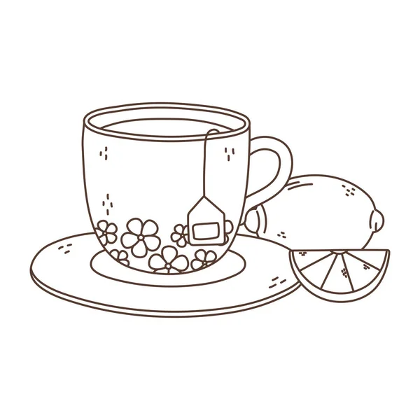 Hora del té, taza de té con bolsa de té corte limón en el diseño lineal platillo — Vector de stock