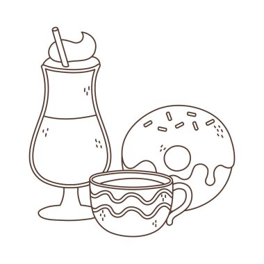 Kahve zamanı, kahve fincanı latte donut taze aroma içeceği doğrusal tasarım