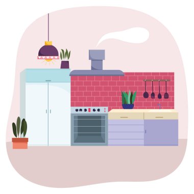 Mutfak iç tavan lambası soba çatal bıçakları ve saksı bitkileri tasarımı